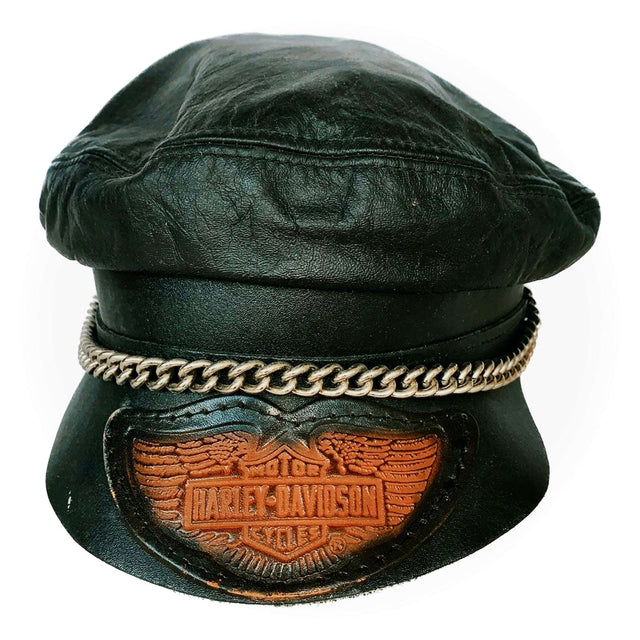HARLEY-DAVIDSON Vintage Black Leather Biker Hat Cap - Botablu