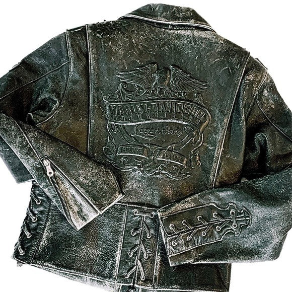 HARLEY-DAVIDSON Vintage Embossed Black Leather Lace Up Biker Moto Jacket - Botablu