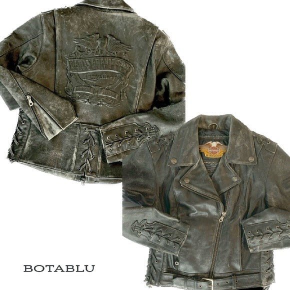 HARLEY-DAVIDSON Vintage Embossed Black Leather Lace Up Biker Moto Jacket - Botablu