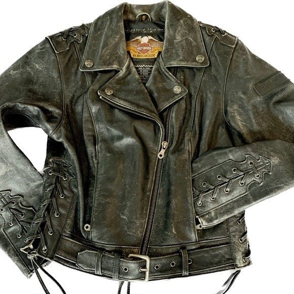 HARLEY-DAVIDSON Vintage Embossed Black Leather Lace Up Biker Moto Jacket - Botablu