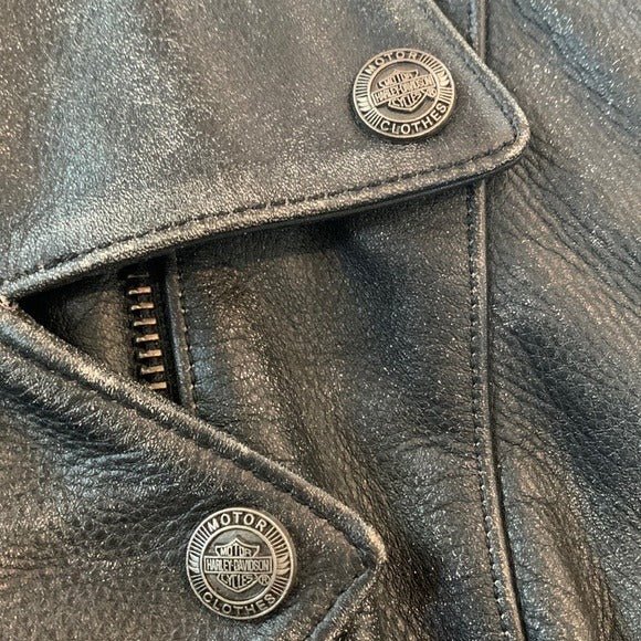 HARLEY-DAVIDSON Vintage Embossed Black Leather Lace Up Biker Moto Jacket - Botablu
