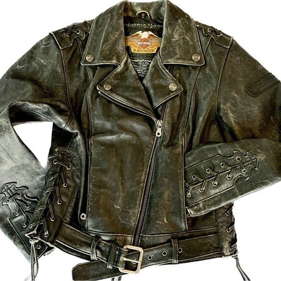 HARLEY-DAVIDSON Vintage Embossed Black Leather Lace Up Biker Moto Jacket - Botablu