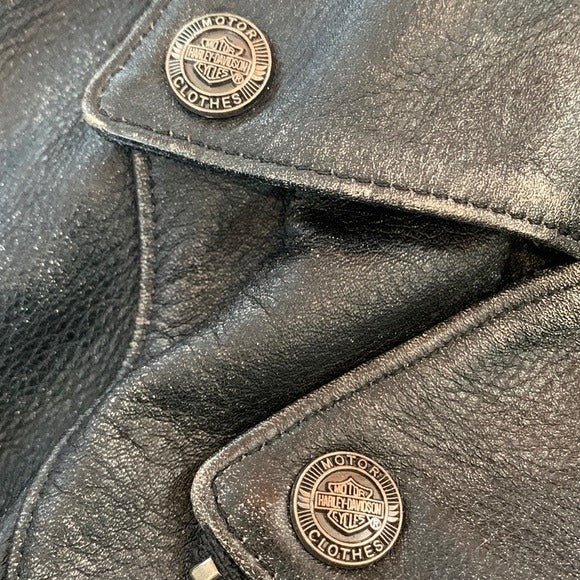 HARLEY-DAVIDSON Vintage Embossed Black Leather Lace Up Biker Moto Jacket - Botablu