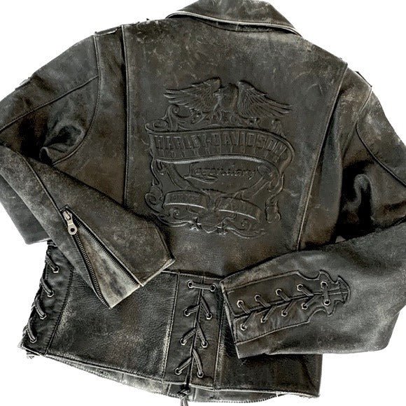 HARLEY-DAVIDSON Vintage Embossed Black Leather Lace Up Biker Moto Jacket - Botablu