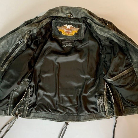 HARLEY-DAVIDSON Vintage Embossed Black Leather Lace Up Biker Moto Jacket - Botablu