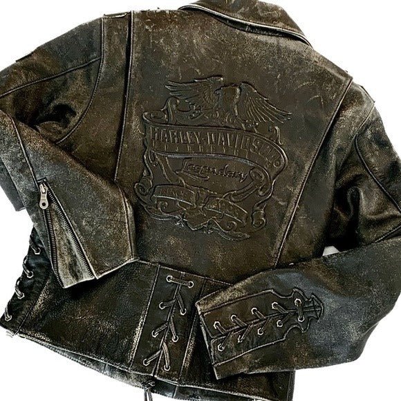 HARLEY-DAVIDSON Vintage Embossed Black Leather Lace Up Biker Moto Jacket - Botablu