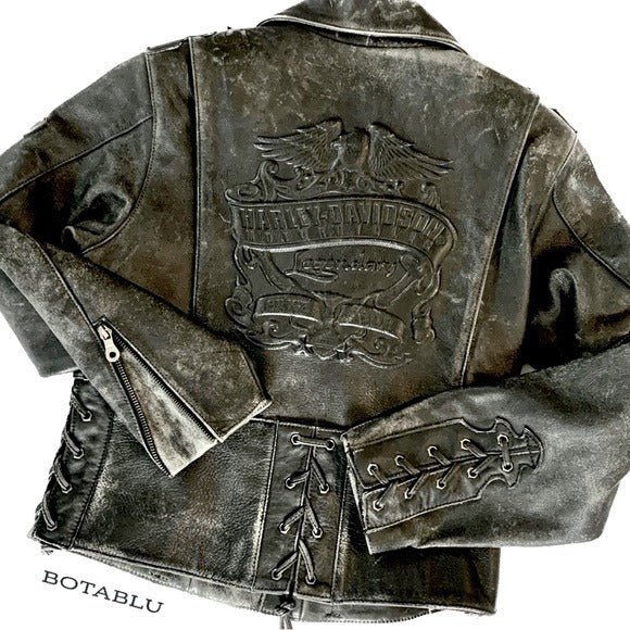HARLEY-DAVIDSON Vintage Embossed Black Leather Lace Up Biker Moto Jacket - Botablu