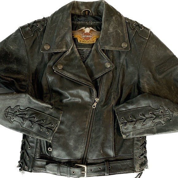 HARLEY-DAVIDSON Vintage Embossed Black Leather Lace Up Biker Moto Jacket - Botablu