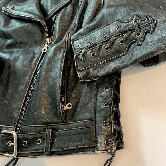 HARLEY-DAVIDSON Vintage Embossed Black Leather Lace Up Biker Moto Jacket - Botablu