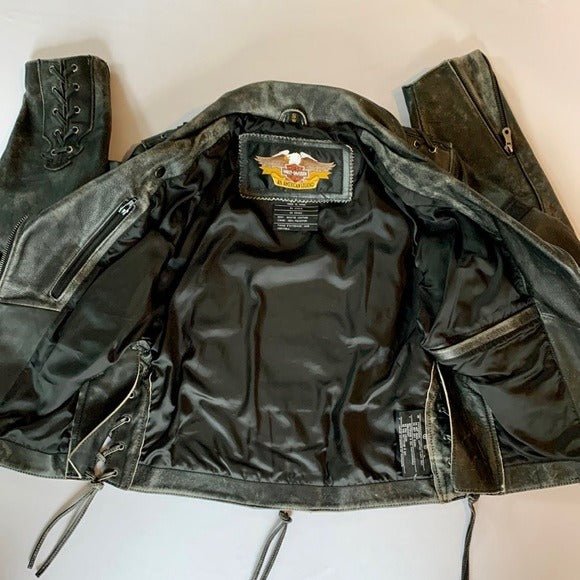 HARLEY-DAVIDSON Vintage Embossed Black Leather Lace Up Biker Moto Jacket - Botablu