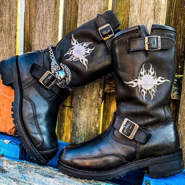 HARLEY-DAVIDSON Vintage Harness Buckle Black Leather Biker Moto Boots - Botablu