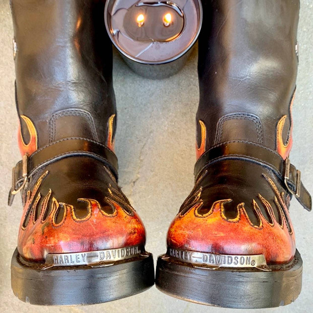 HARLEY-DAVIDSON Vintage Harness Flame Tall Black Leather Biker Motorcycle Boots - Botablu