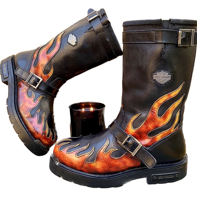 HARLEY-DAVIDSON Vintage Harness Flame Tall Black Leather Biker Motorcycle Boots - Botablu