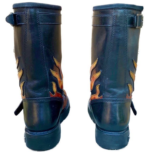 HARLEY-DAVIDSON Vintage Harness Flame Tall Black Leather Biker Motorcycle Boots - Botablu