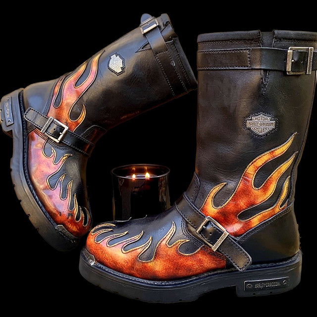 HARLEY-DAVIDSON Vintage Harness Flame Tall Black Leather Biker Motorcycle Boots - Botablu