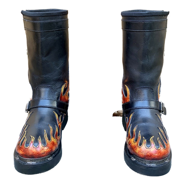 HARLEY-DAVIDSON Vintage Harness Flame Tall Black Leather Biker Motorcycle Boots - Botablu