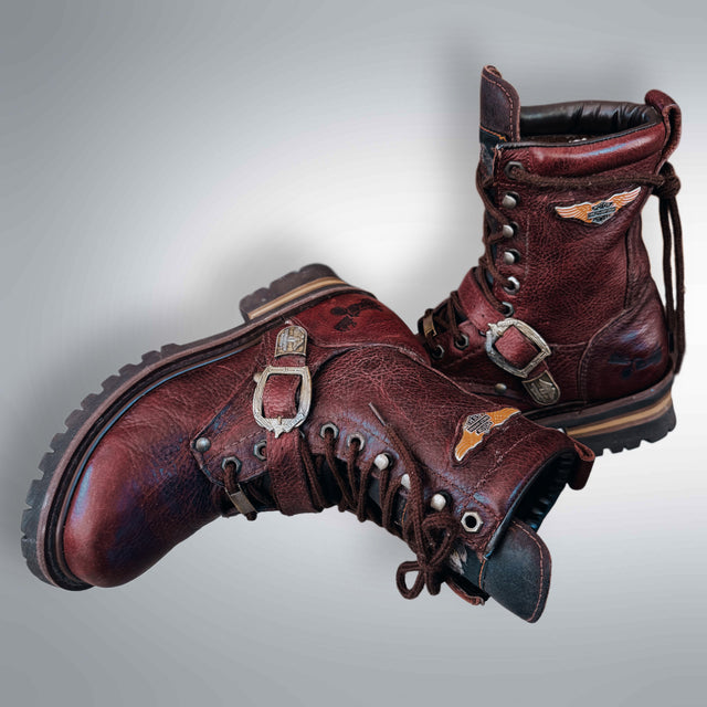 HARLEY-DAVIDSON Vintage Lace Up Brown Biker Boots - Botablu
