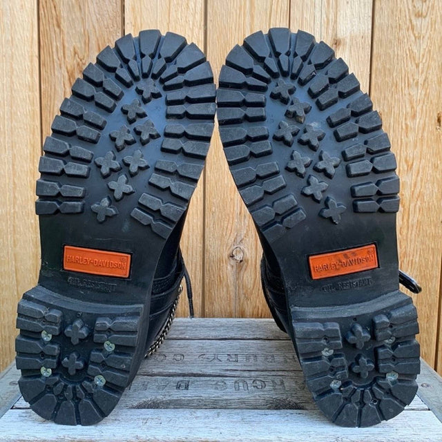 HARLEY-DAVIDSON Vintage Lace Up Chunky Lug Sole Black Combat Biker Moto Boots - Botablu