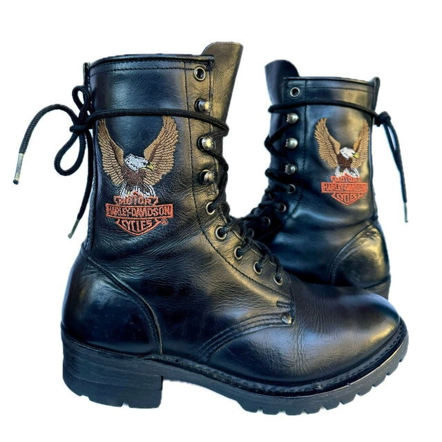 HARLEY-DAVIDSON Vintage Lace Up Eagle Biker Moto Boots - Botablu