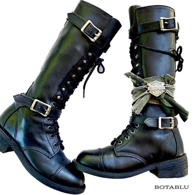 Harley-Davidson Vintage Lace Up Tall Knee High Black Motorcycle Boots - Botablu