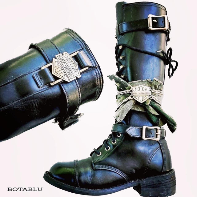 Harley-Davidson Vintage Lace Up Tall Knee High Black Motorcycle Boots - Botablu