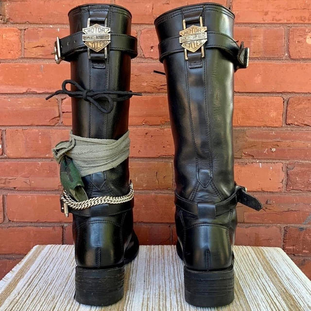 Harley-Davidson Vintage Lace Up Tall Knee High Black Motorcycle Boots - Botablu
