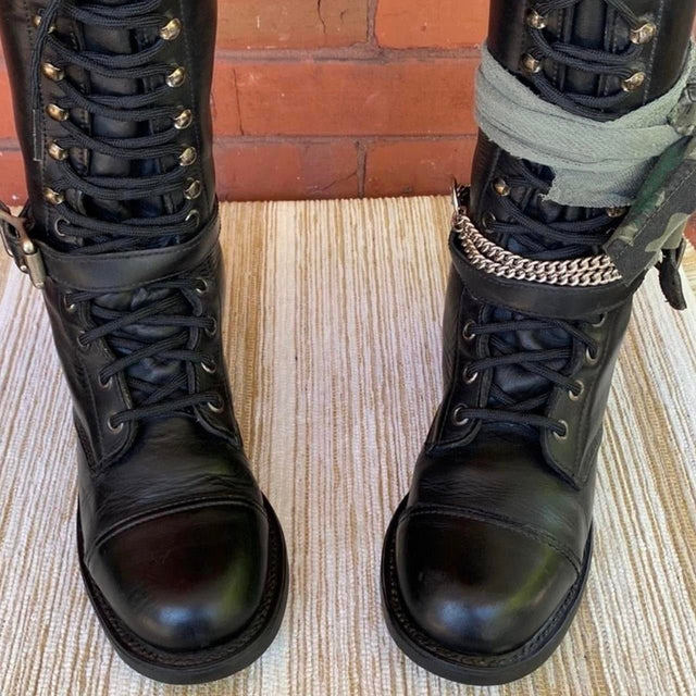 Harley-Davidson Vintage Lace Up Tall Knee High Black Motorcycle Boots - Botablu