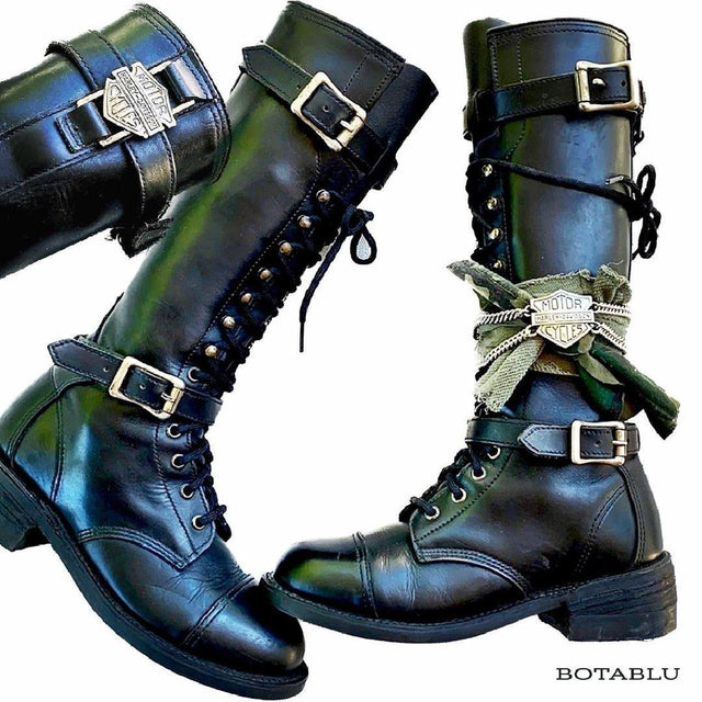Harley-Davidson Vintage Lace Up Tall Knee High Black Motorcycle Boots - Botablu