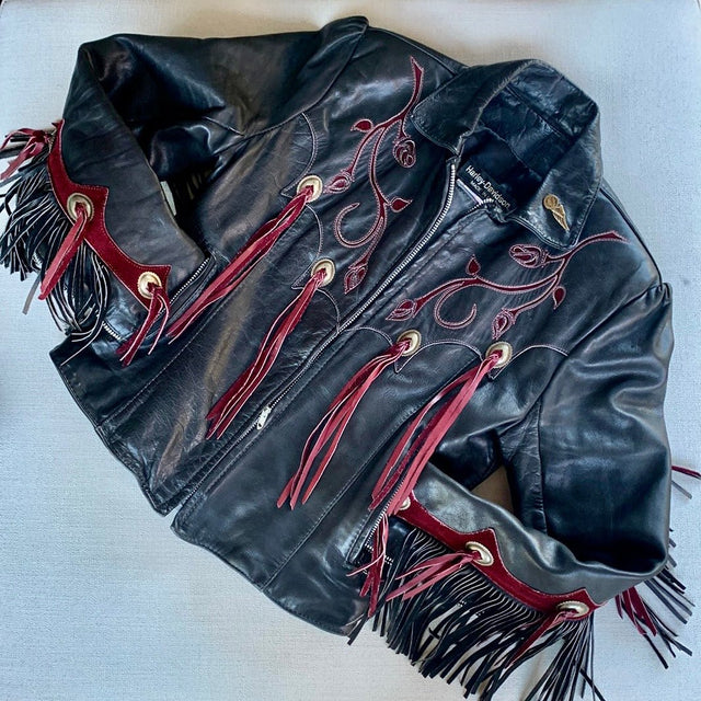 HARLEY-DAVIDSON Vintage Rose Fringe Black Leather Biker Motorcycle Jacket - Botablu