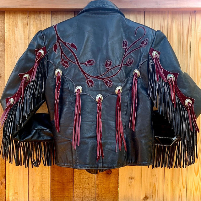 HARLEY-DAVIDSON Vintage Rose Fringe Black Leather Biker Motorcycle Jacket - Botablu