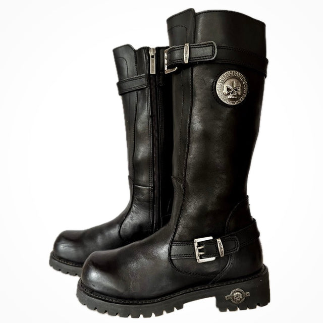 HARLEY-DAVIDSON Vintage Willie G Skull Knee High Black Motorcycle Boots - Botablu
