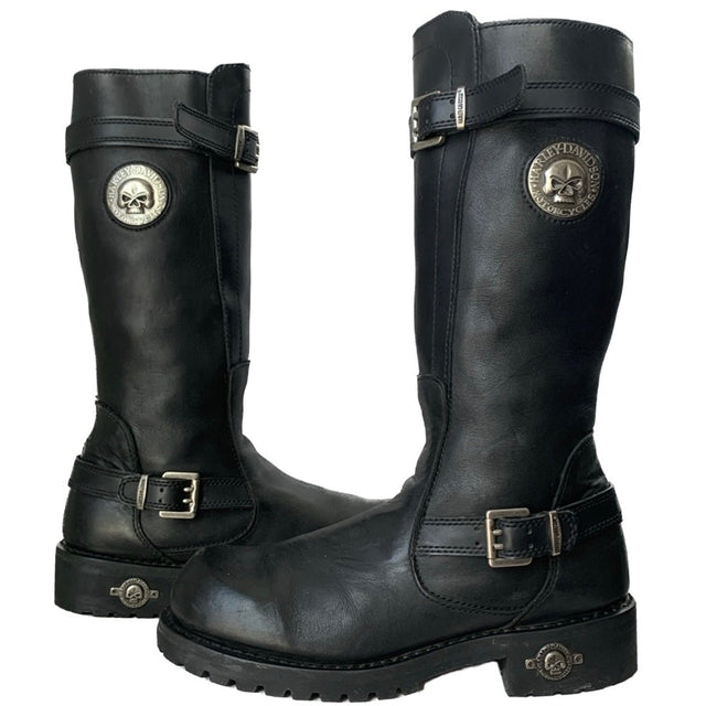 HARLEY-DAVIDSON Vintage Willie G Skull Tall Black Leather Biker Motorcycle Boots - Botablu