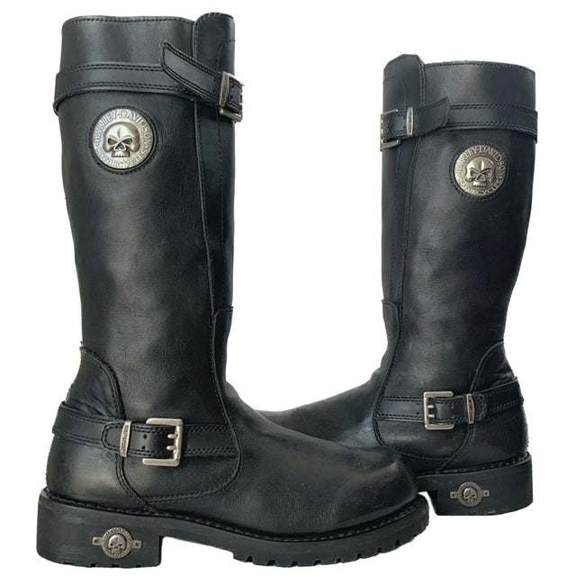 HARLEY-DAVIDSON Vintage Willie G Skull Tall Black Leather Biker Motorcycle Boots - Botablu
