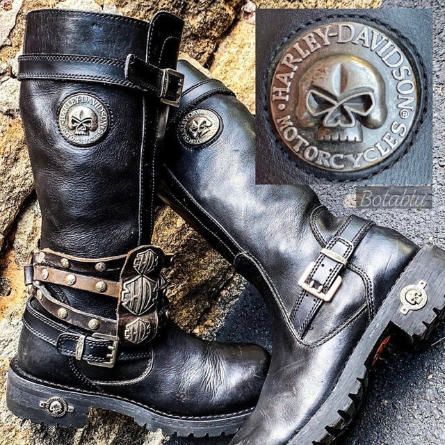 HARLEY-DAVIDSON Vintage Willie G Skull Tall Black Leather Biker Motorcycle Boots - Botablu