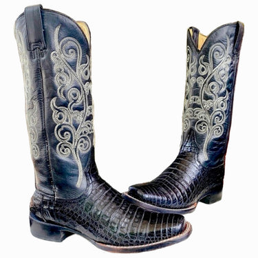STETSON Handcrafted Caiman Exotic Square Toe Black Cowgirl Cowboy Western Boots