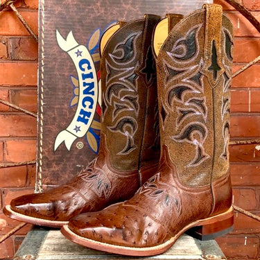 CINCH Full Quill Ostrich Leather Square Toe Cowgirl Cowboy Western Boots