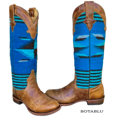 STETSON Serape Aztec Blanket Blue Brown Tall Knee High Western Cowgirl Boots