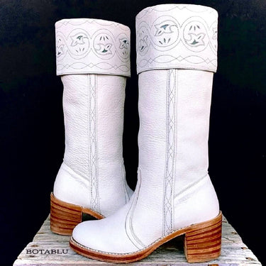 FRYE Vintage White Leather Sabrina Campus Tooled Cuff Tall Knee High Western Boots