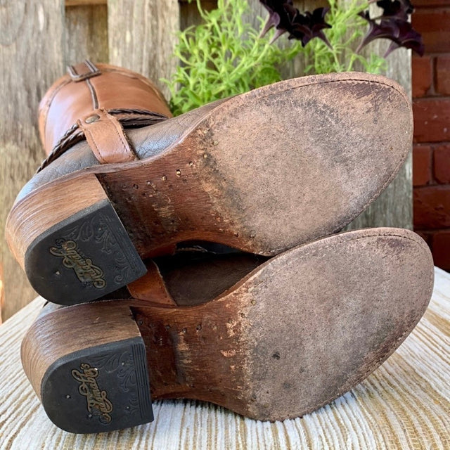 INDOMABLES Harness Tooled Braided Brown Leather Tall Cowgirl Western Boots - Botablu