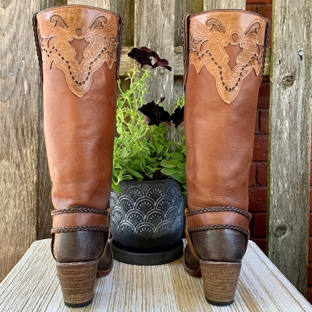 INDOMABLES Harness Tooled Braided Brown Leather Tall Cowgirl Western Boots - Botablu