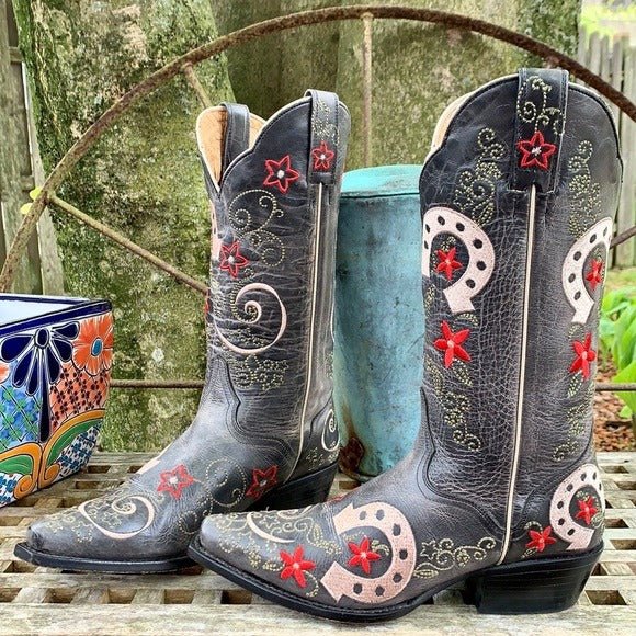 J.B. Dillon Lucky Horseshoe Cowgirl Cowboy Western Boots - Botablu