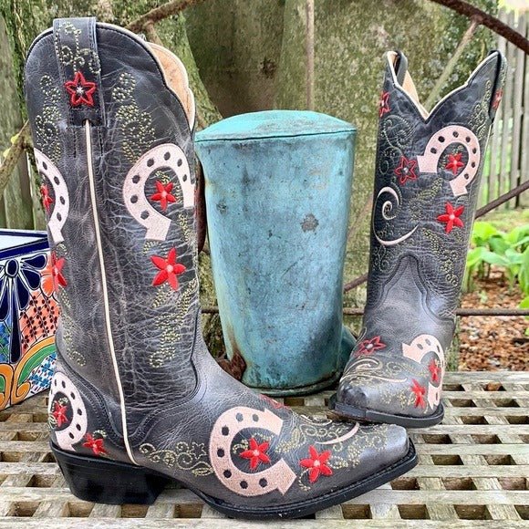 J.B. Dillon Lucky Horseshoe Cowgirl Cowboy Western Boots - Botablu