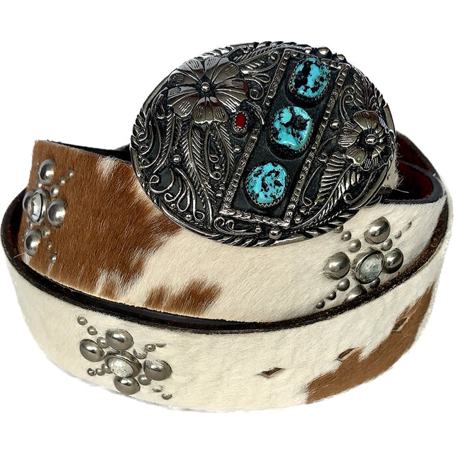 JO-ED Hair On Pony Western Belt, Handcrafted USA Silver Turquoise Coral Floral Buckle Set - Botablu