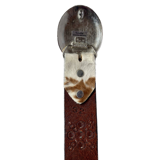 JO-ED Hair On Pony Western Belt, Handcrafted USA Silver Turquoise Coral Floral Buckle Set - Botablu