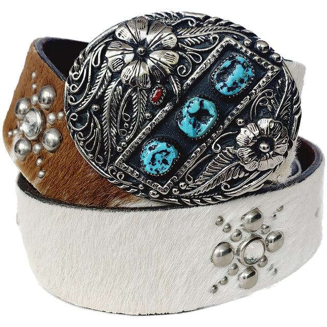 JO-ED Hair On Pony Western Belt, Handcrafted USA Silver Turquoise Coral Floral Buckle Set - Botablu