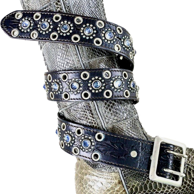 JO-ED Tooled Black Leather Blue Crystal Studded Belt - Botablu