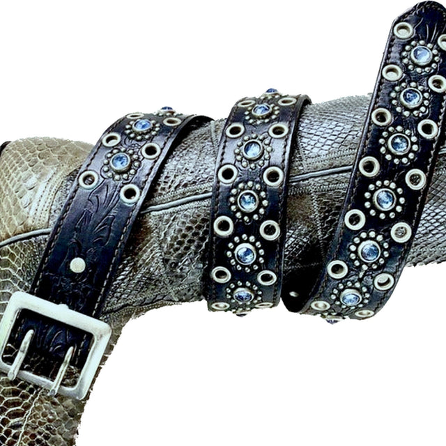 JO-ED Tooled Black Leather Blue Crystal Studded Belt - Botablu