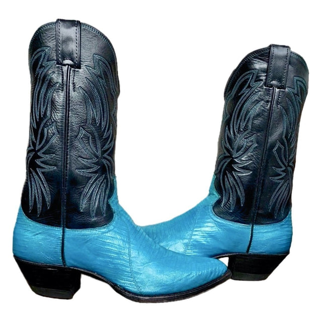 JUSTIN BOOTS Vintage Turquoise Blue Lizard Black Cowboy Boots - Botablu