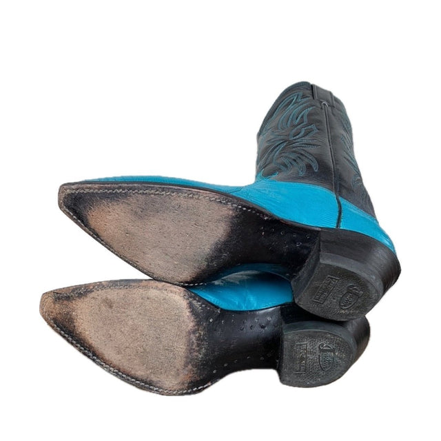 JUSTIN BOOTS Vintage Turquoise Blue Lizard Black Cowboy Boots - Botablu