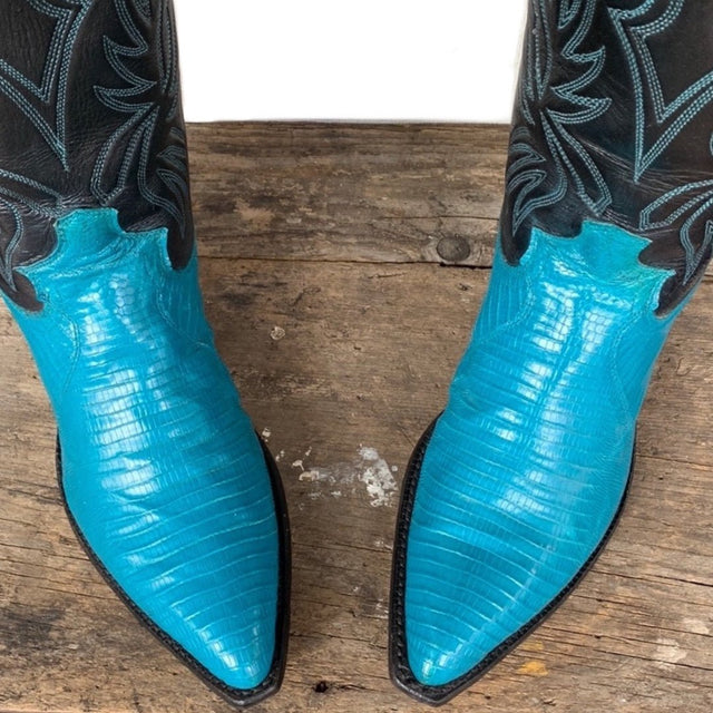 JUSTIN BOOTS Vintage Turquoise Blue Lizard Black Cowboy Boots - Botablu